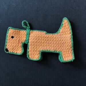 Crochet Scotty Dog Pot Holder Orange and Green 1950s Vintage Orange Green